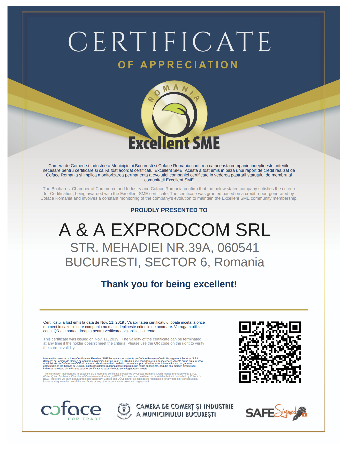Excellent SME Certificat